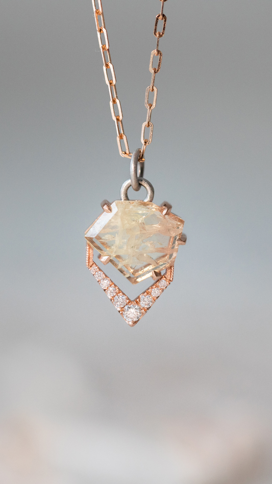 Peachy Pink Sapphire Slice and Diamond Chevron Pendant